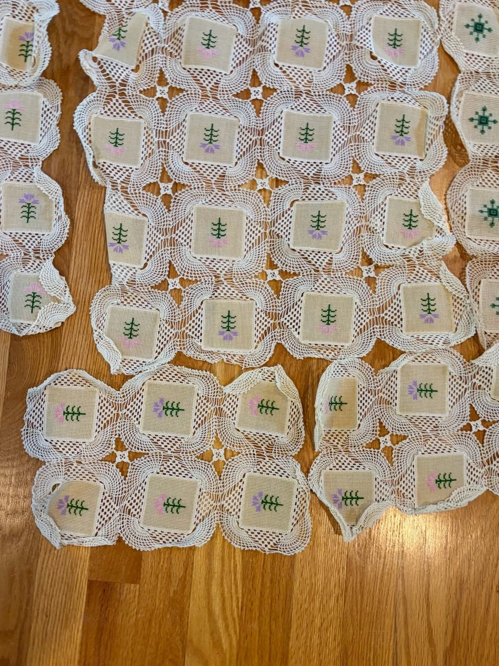 Crocheted Lace Doily Panels with  Embroidery, table runner, placemats